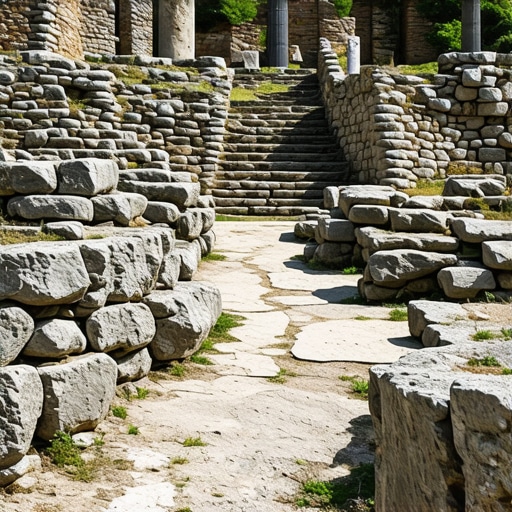 Ruine antice în peisaj natural balcanic, cu vegetație și cer senin
