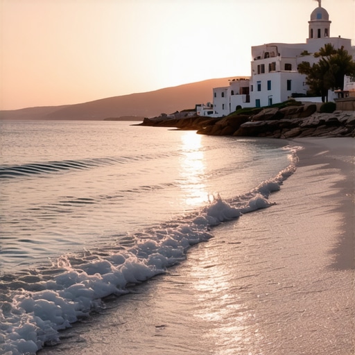 Scenic view of Santorini beach at sunset with vibrant colors and calm waters