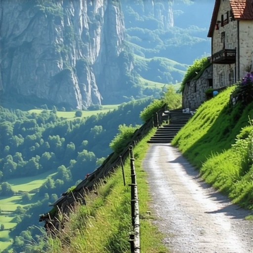 Secluded mountain trail in Slovenia with traditional village scenery and mountain peaks