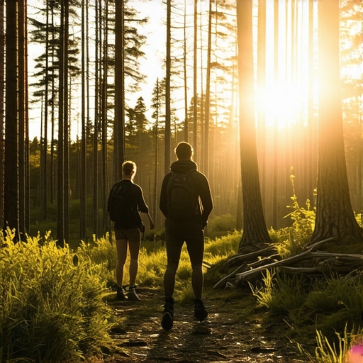 Sunset over Biograd forest with hikers
