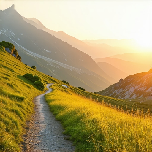 Spectacular mountain sunset trail in Balkans Sunset over mountain trail in the Balkans with hikers