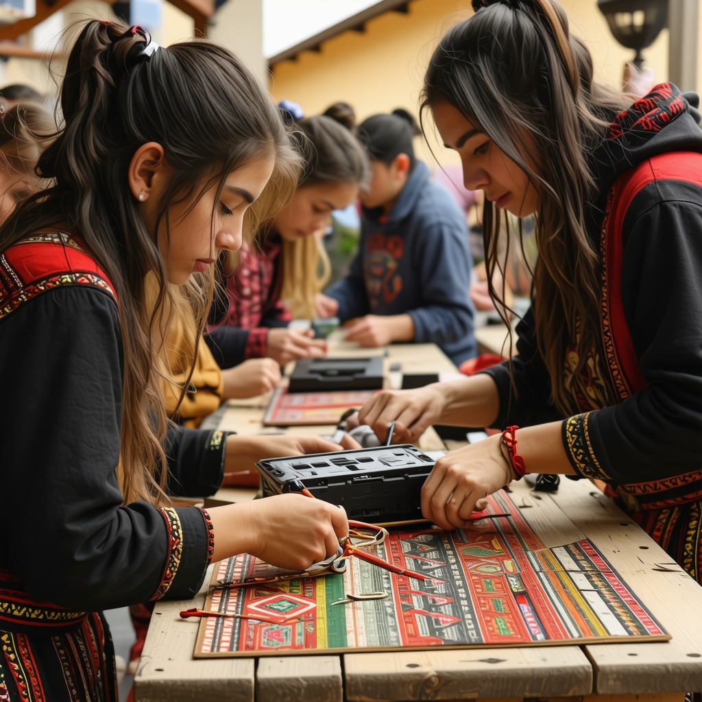 Tineri participând la un atelier de olărit și țesut tradițional balcanic, combinând metode vechi cu tehnologii moderne.