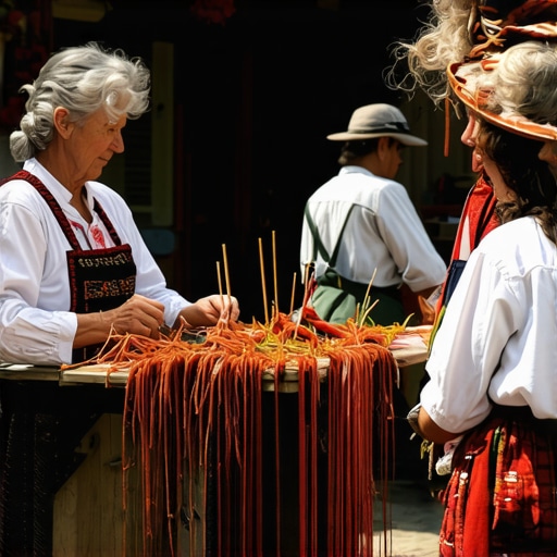 Vedere a unui sat tradițional balcanic cu meșteșugari și festival colorat