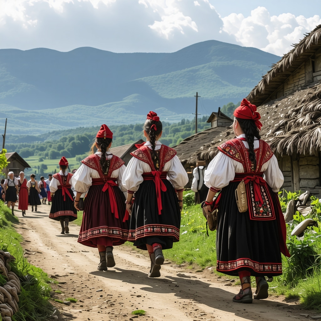 Sat tradițional balcanic cu costume populare și peisaje montane