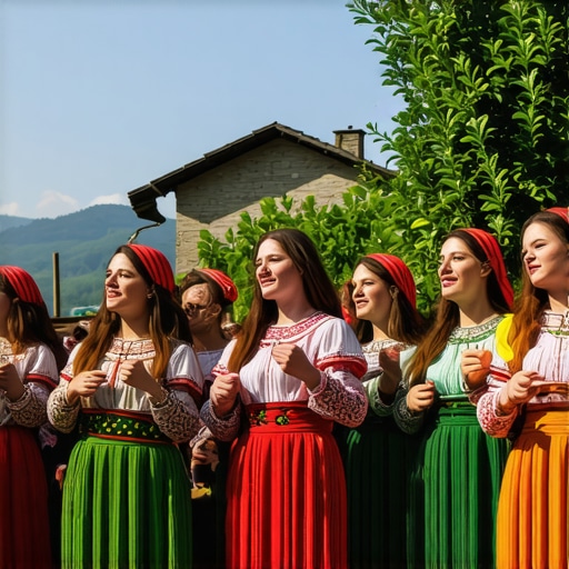 Traditional Balkan Festival Local people dancing in traditional costumes during festival in Balkans