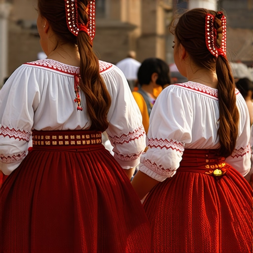 People in traditional Macedonian costumes dancing at a festival with colorful decorations