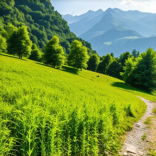 Imagine a scenic mountain trail in Bohinj surrounded by lush greenery and towering peaks, perfect for hiking in spring