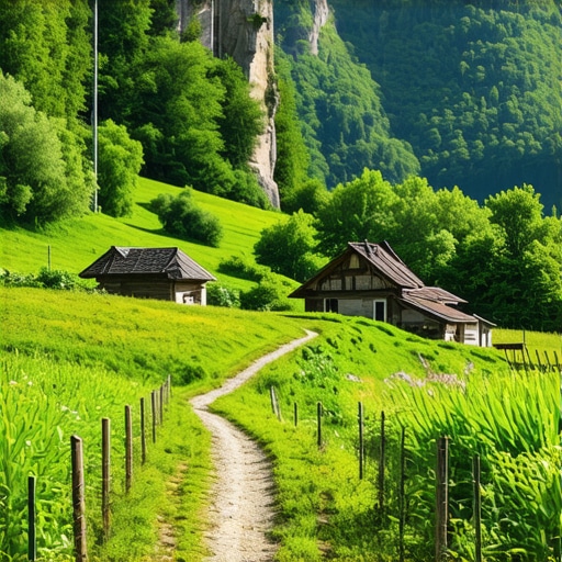 Trail in mountains with traditional villages and green landscape.