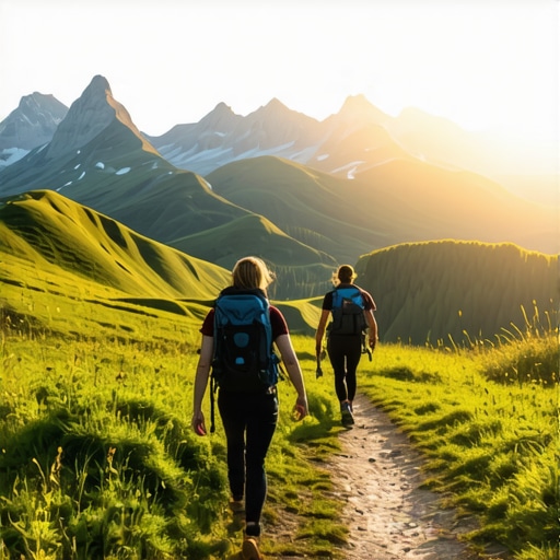 Hikers trekking on a scenic mountain trail during sunset in the Balkans, surrounded by lush greenery and distant peaks
