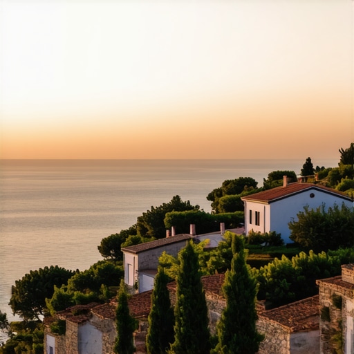 Vedere panoramică a Sveti Stefan, cu peisaje spectaculoase și peisaj de lux la apus