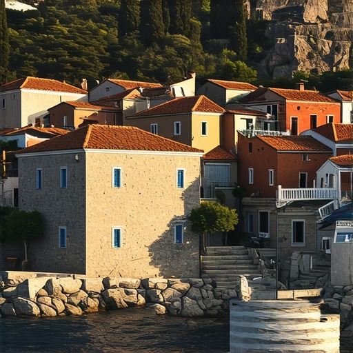 Vedere spectaculoasă a insulei Hvar la apus Vedere panoramică a insulei Hvar cu case colorate și apus de soare