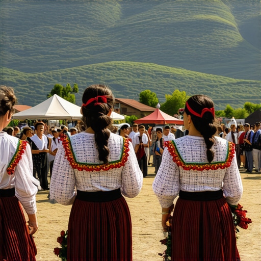Localnici în costume tradiționale dansând în timpul unui festival din Kicevo, cu peisaj montan în fundal