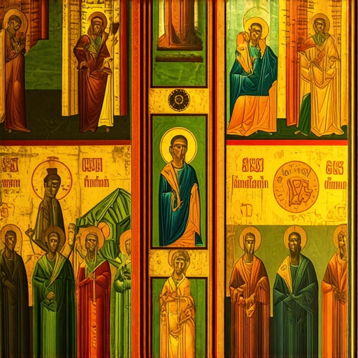 Fresca detaliată din Mănăstirea Rila Frescă complexă și colorată din interiorul Mănăstirii Rila, reprezentând scene religioase și simboluri bizantine.