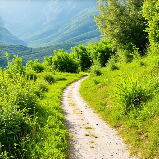 Beautiful mountain trail surrounded by lush greenery with mountain peaks in the background.