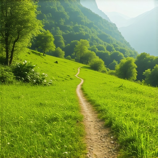 Hiking trail in Balkan mountains with scenic views and lush greenery