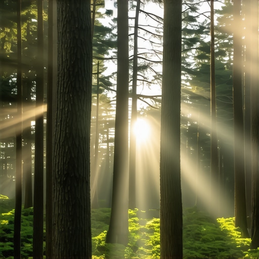 Pădure virgină din Kicevo O pădure virgină din Kicevo, cu lumina filtrată printre copaci, simbolizând frumusețea naturală și misterul ascuns al Balcanilor