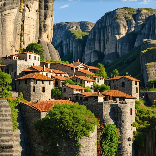 Panoramic view of Meteora monasteries Beautiful panoramic view of Meteora monasteries with cliffs and sky