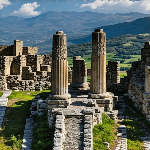 Peisaj antic balcanic cu ruine și munți Vedere aeriană a ruinelor antice din Balcani cu munți în fundal