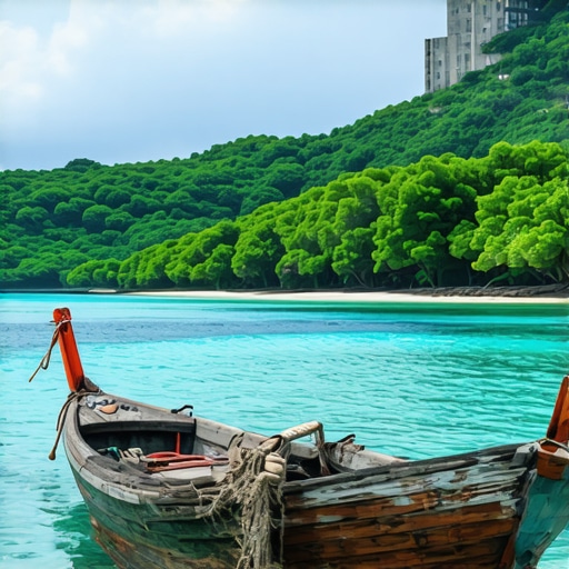 Peisaj marin tradițional balcanic Peisaj marin tradițional cu bărci vechi și vegetație luxuriantă