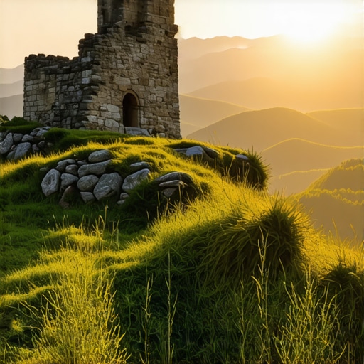 Peisaj montan balcanic cu ruine antice la apus Peisaj montan în Balcani cu ruine antice la apus, panoramă spectaculoasă