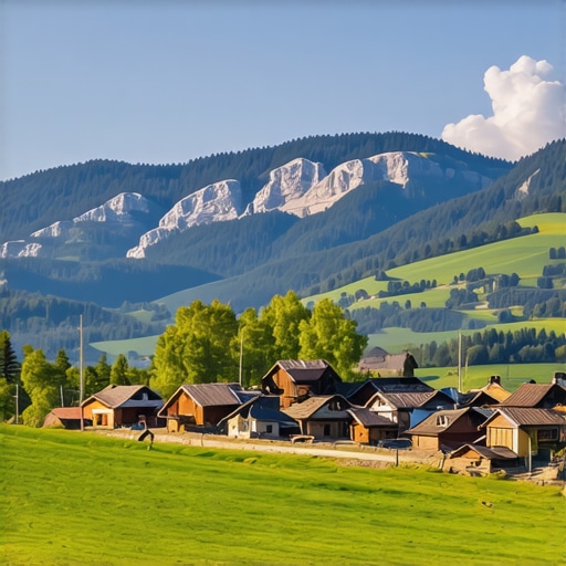 Peisaj montan balcanic cu sat tradițional și peisaje naturale