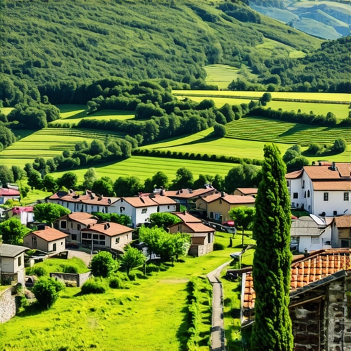 Peisaj montan balcanic cu sat tradițional Peisaj montan spectaculos din Balcani cu sat tradițional și peisaje înzăpezite