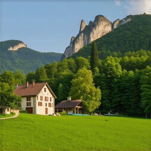 Peisaj montan balcanic cu sate tradiționale și păduri dense Peisaj montan spectaculos în Balcani, cu case tradiționale și vegetație luxuriantă