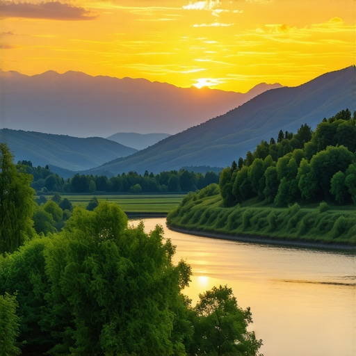 Peisaj montan balcanic la apus de soare Peisaj montan balcanic cu munți, păduri și râu la apus de soare