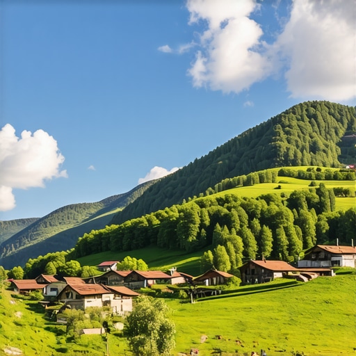 Panoramic view of Balkan mountains and traditional villages