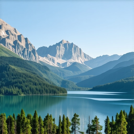 Peisaj montan cu lacul Koman și păduri dense, înconjurate de munți în zare, în natură spectaculoasă
