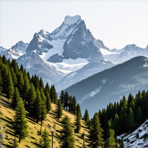 Peisaj montan spectaculos în Balcani Panoramic view of snow-covered mountains and green forests in the Balkans, ideal for adventure