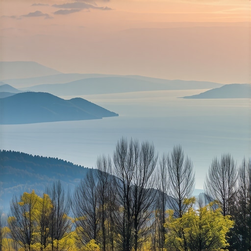Panoramic view of Balkan mountains and coastline with vibrant colors in spring