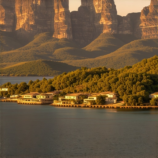 Peisaj spectaculos al coastei Mării Negre Peisaj de coastă la apus, cu case tradiționale și munți în fundal