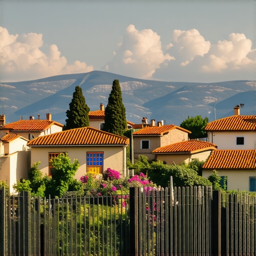 Peisaj tradițional balcanic cu munți și festival Vedere panoramică a unui sat balcanic cu munți în fundal și decoruri de festival colorate.