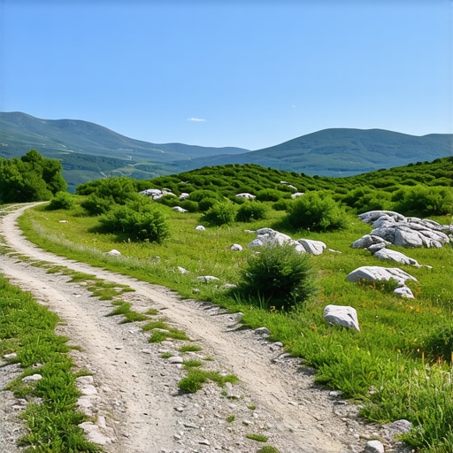 Potecă montană în Lovcen cu peisaje spectaculoase Potecă de munte în Lovcen cu vedere panoramică spre munți și cer înnorat