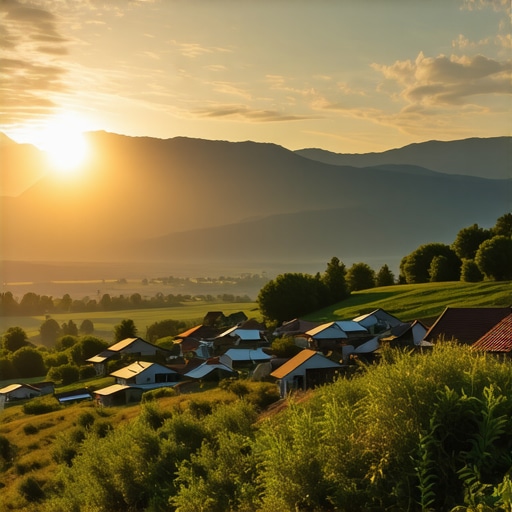 Spectacular Balkan Landscape at Sunset Vivid Balkan mountain view with sunset over traditional villages
