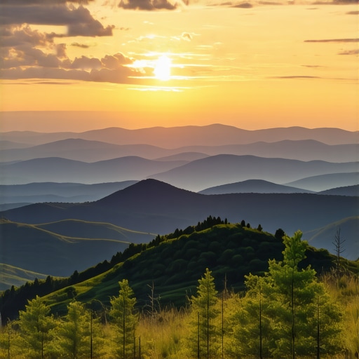 Sunset over Balkan Mountains Scenic sunset view of Balkan mountain range with vibrant colors