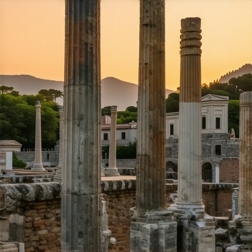Sunset over Plovdiv's Ancient Ruins Sunset casting warm glow over ancient ruins in Plovdiv, highlighting historical architecture and scenic beauty