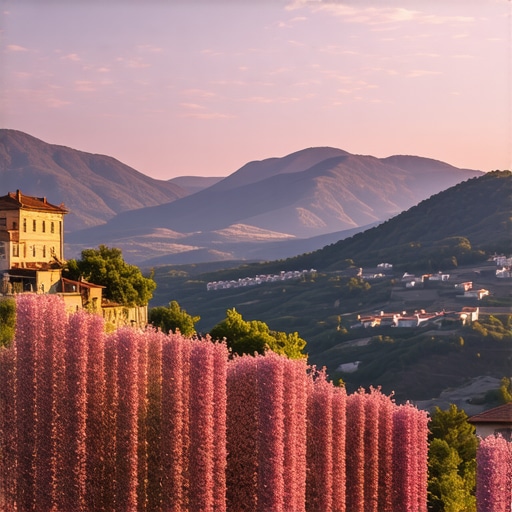 Traditional Balkan Village in the Mountains Beautiful Balkan village nestled in mountains during springtime, colorful scenery.