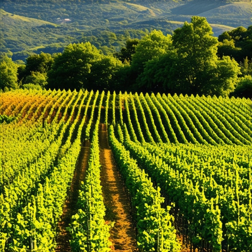 Vineyards and mountain landscape in Tikveš region of Macedonia in sunny weather