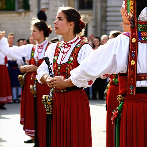 Balkan Festival with Traditional Dances Traditional Balkan festival with dancers in colorful costumes.