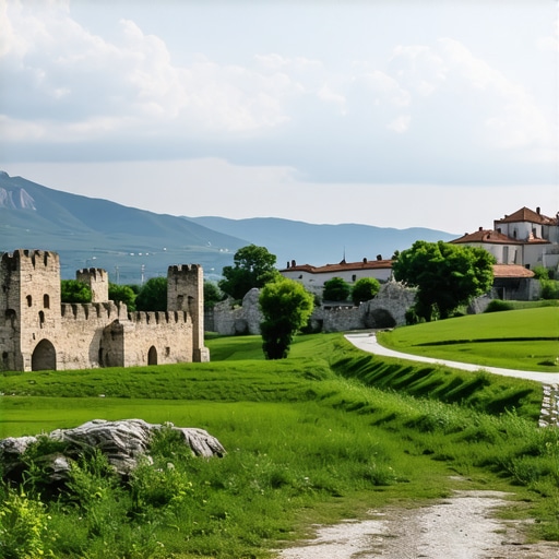 Panoramic view of Balkan mountains and historic sites in 2024
