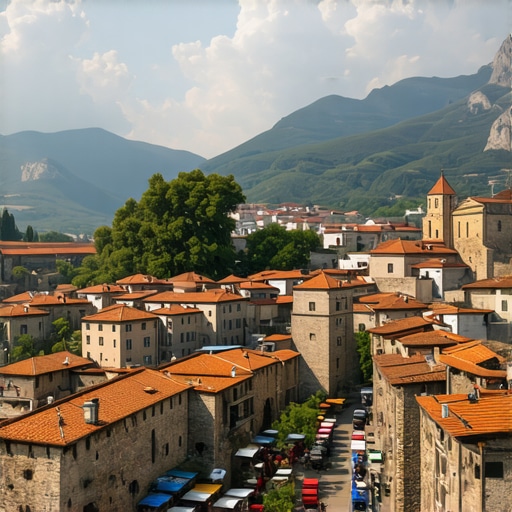 Bird's eye view of Balkan mountains, ancient ruins, and lively markets in vibrant colors