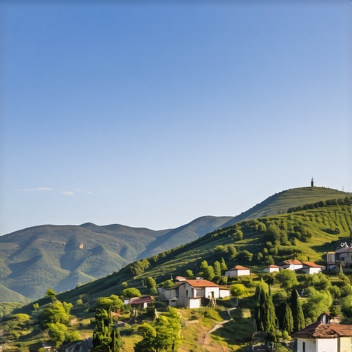 Peisaj montan balcanic cu sat tradițional Peisaj montan balcanic cu sat tradițional