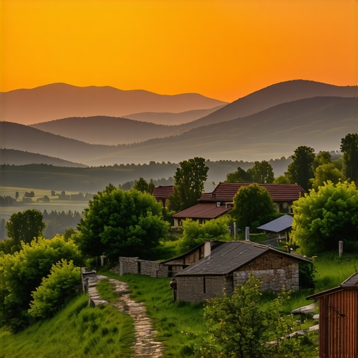 Spectacular Balkan sunset over traditional village Balkan landscape with mountains and sunset