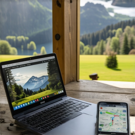 Instrumente digitale pentru călătorii în Balcani Un laptop și smartphone cu aplicații de planificare și navigație, pe fundal cu peisaje montane din Balcani.