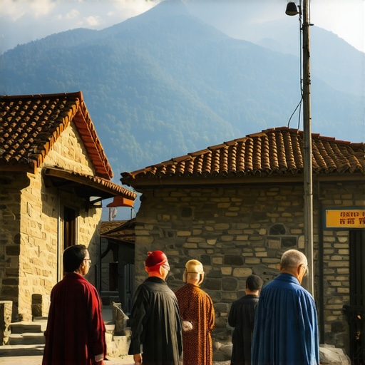 Balkan villagers in traditional attire in a scenic mountain village