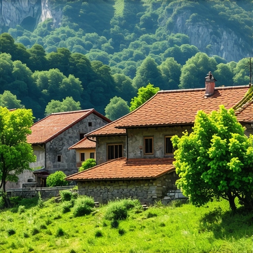 Peisaj cu case tradiționale și munți în Balcani