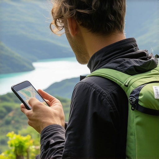 Traveler using GPS app in Balkan mountains with hiking gear