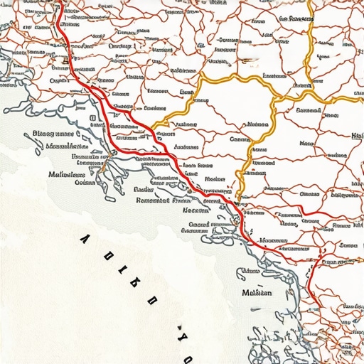 Map showing travel routes and landmarks in the Balkan region
